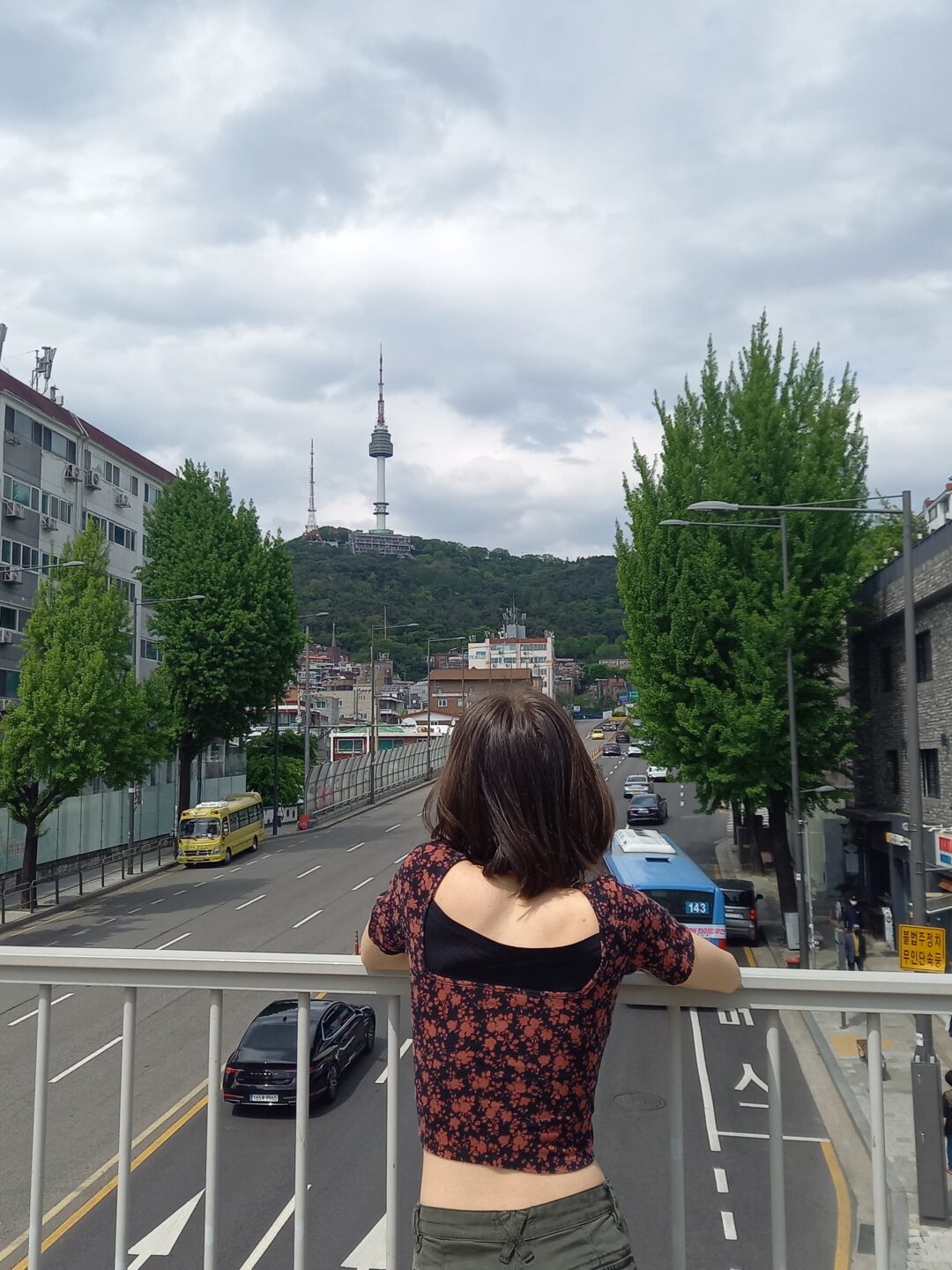 Autorin des Blogbeitrages steht auf einer Übergangsbrücke einer Straße und schaut auf den Namsan-Tower. Sie hat schulterlange, braune Haare und trägt ein rot-schwarzes Oberteil an.