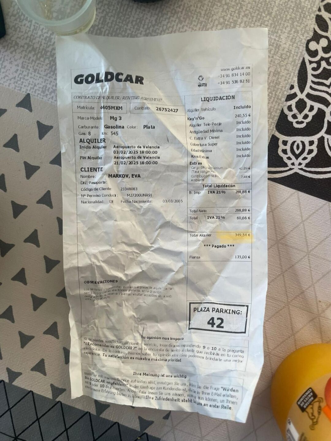 Receipt of the rental car